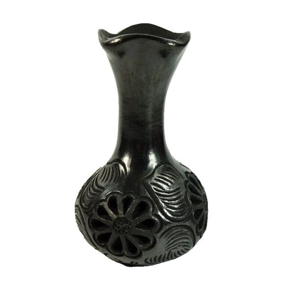 Black Floral Pottery Vase Dona Rosa Oaxaca Mexico Whimsigoth Dark Romantic Decor - Picture 3 of 7
